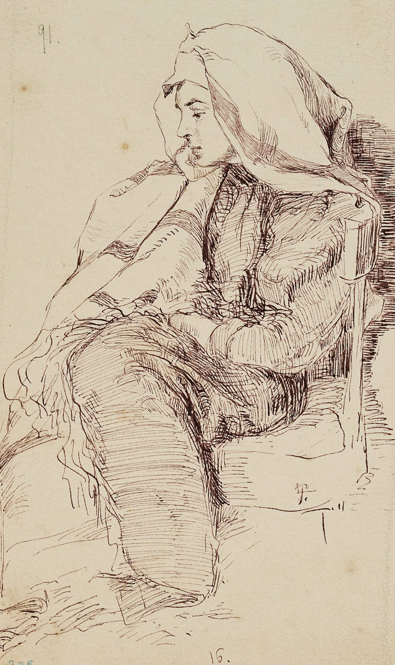 L. PRIMAVESI (*1871), A pensive Neapolitan woman, around 1896, Pen drawing: Leo Primavesi (1871 Cologne - after 1937 ): A pensive Neapolitan woman, c. 1896, Pen drawing Technique: Pen drawing on Paper Inscription: Monogrammed: "LP". Lower middle numbered: "16". Date: c. 1896 