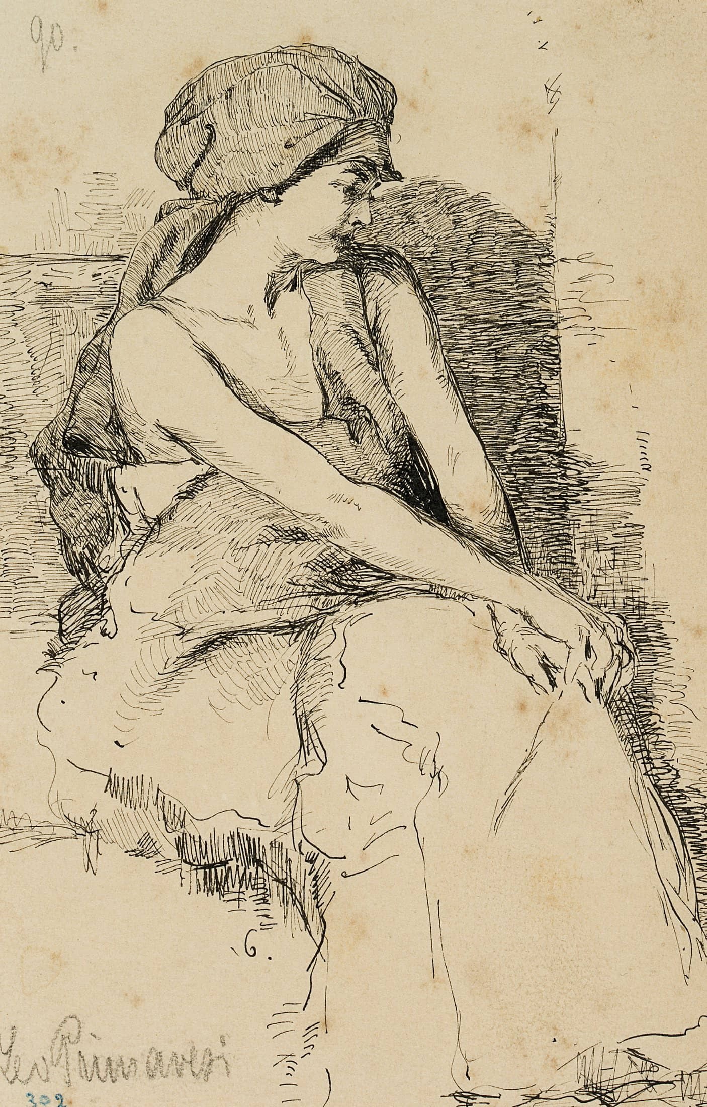 L. PRIMAVESI (*1871), A young woman from Naples, around 1896, Pen drawing: Leo Primavesi (1871 Cologne - after 1937 ): A young woman from Naples, c. 1896, Pen drawing Technique: Pen drawing on Paper Inscription: lower left signed: "Leo Primavesi". Lower middle numbered: "6".