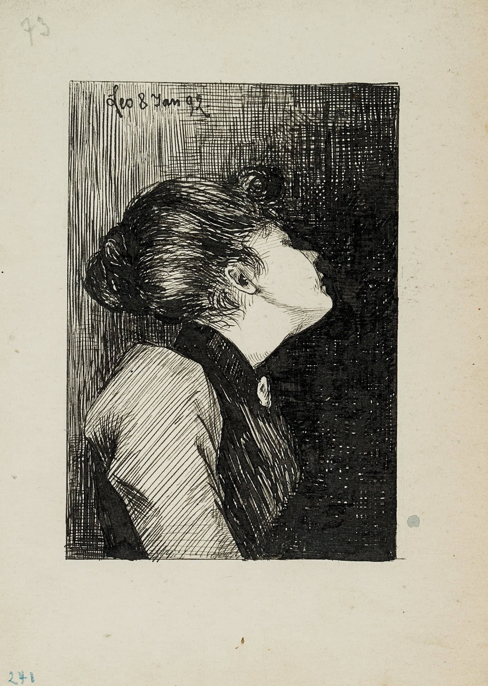 L. PRIMAVESI (*1871), Woman looking upwards, wearing a brooch, 1892, Pen drawing: Leo Primavesi (1871 Cologne - after 1937 ): Woman looking upwards, wearing a brooch, 1892, Pen drawing Technique: Pen drawing on Paper Inscription: Upper left signed: "Leo". Numbered: "73 / 241". Uppe