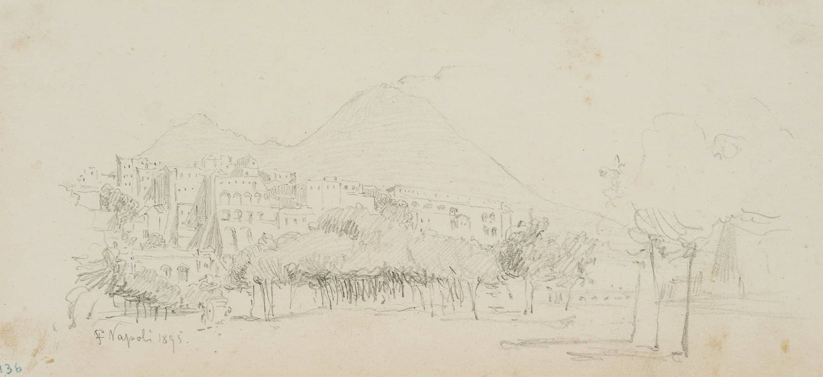 L. PRIMAVESI (*1871), Naples with a view of Vesuvius, 1895, Pencil: Leo Primavesi (1871 Cologne - after 1937 ): Naples with a view of Vesuvius, 1895, Pencil Technique: Pencil on Paper Inscription: lower left monogrammed: "LP". lower left dated: "Napoli 1895.". Date: 1