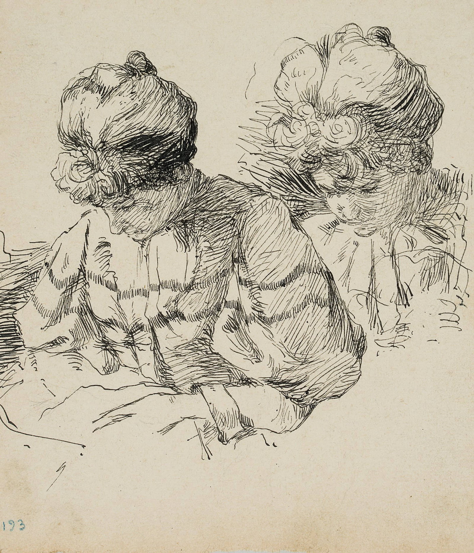 L. PRIMAVESI (*1871), A lady reading in a frilly dress, around 1895, Pen drawing: Leo Primavesi (1871 Cologne - after 1937 ): A lady reading in a frilly dress, c. 1895, Pen drawing Technique: Pen drawing on Paper Date: c. 1895 Keywords: young woman; clothing study; hairstyle; chign