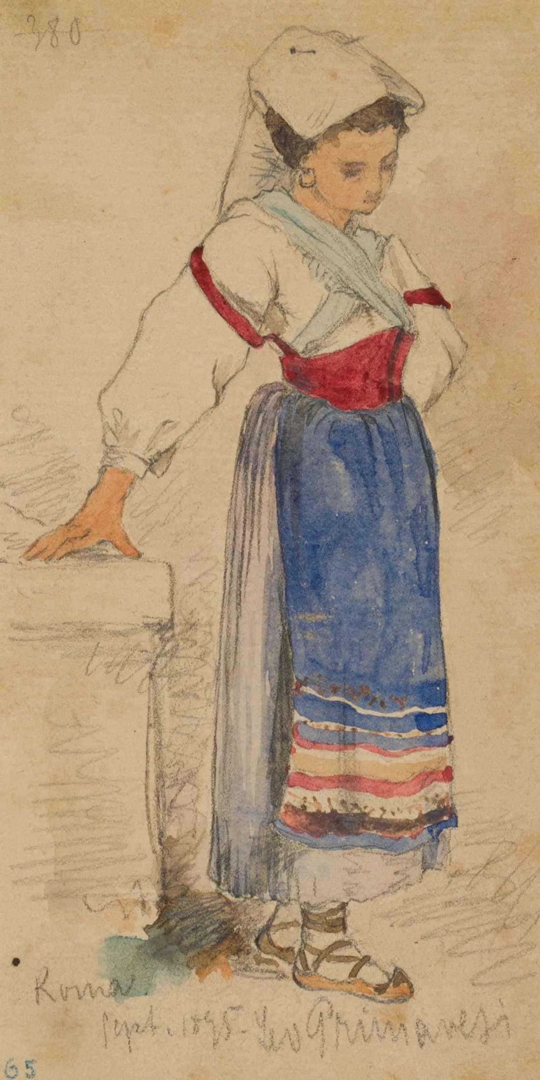 L. PRIMAVESI (*1871), A Roman woman in traditional dress, 1895, Watercolor: Leo Primavesi (1871 Cologne - after 1937 ): A Roman woman in traditional dress, 1895, Watercolor Technique: Watercolor on Paper Inscription: Lower middle signed: "Leo Primavesi". Lower middle dated: "