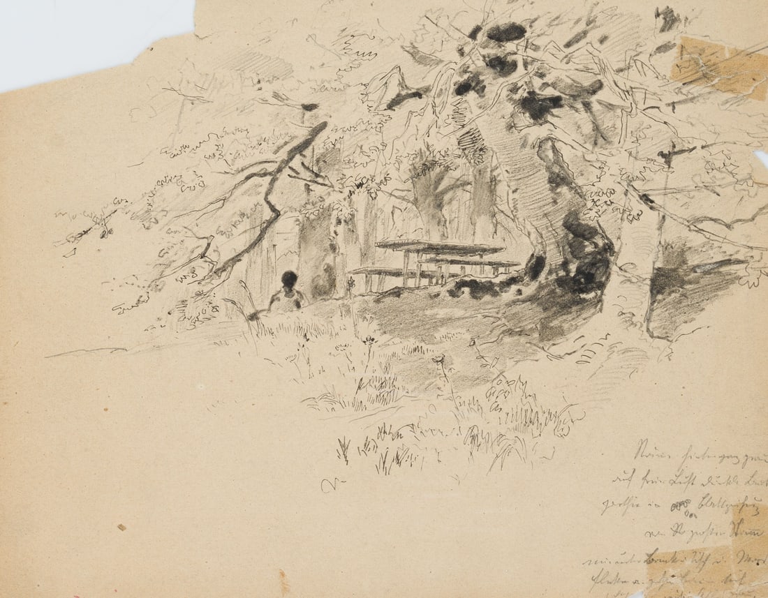 R. PÜTTNER (1842-1913), Sketch of a wooded area with a rustic terrace, Pencil (1 of 4)