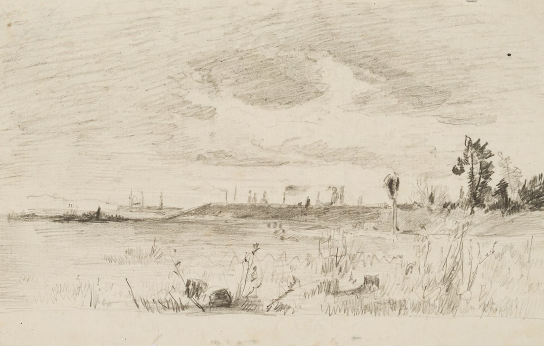 R. PÜTTNER (1842-1913), Landscape with silhouettes of towers, Pencil (1 of 4)
