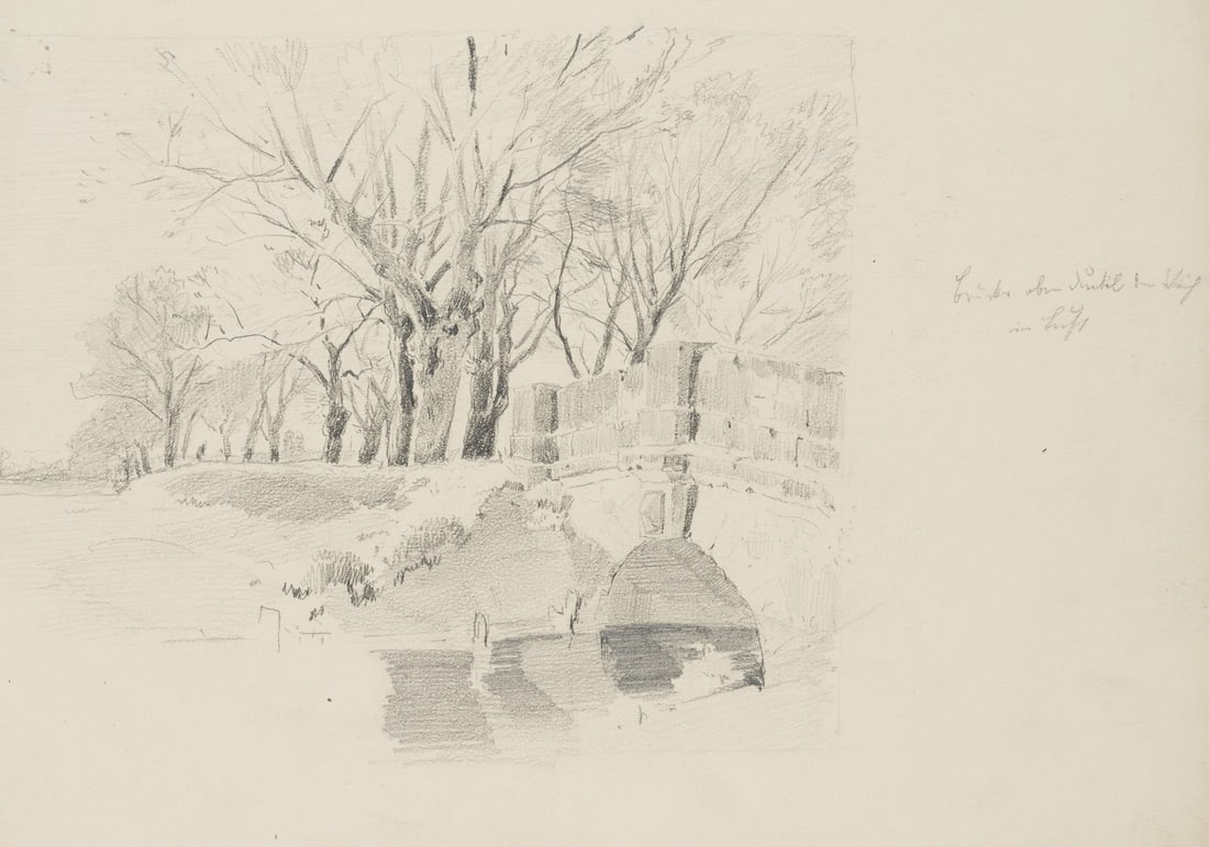 R. PÜTTNER (1842-1913), Old stone bridge with a tree-lined avenue, Pencil: Richard Püttner (1842 Wurzen - 1913 Munich): Landscape sketch Road over an old stone bridge and leading further into the picture as an avenue, 19th century, Pencil Technique: Pencil on Paper Insc