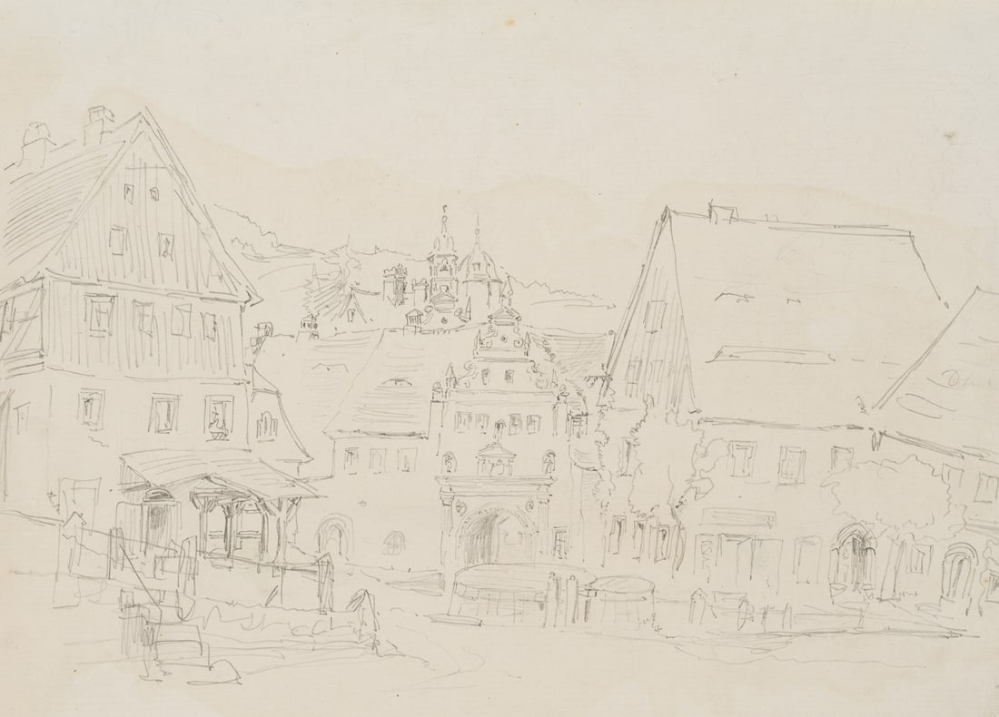R. PÜTTNER (1842-1913), Lauenstein and its castle, Pencil: Richard Püttner (1842 Wurzen - 1913 Munich): Local view of Lauenstein with a view of the Renaissance gable of the gatehouse of Lauenstein Castle and the surrounding buildings, 19th century, Penci