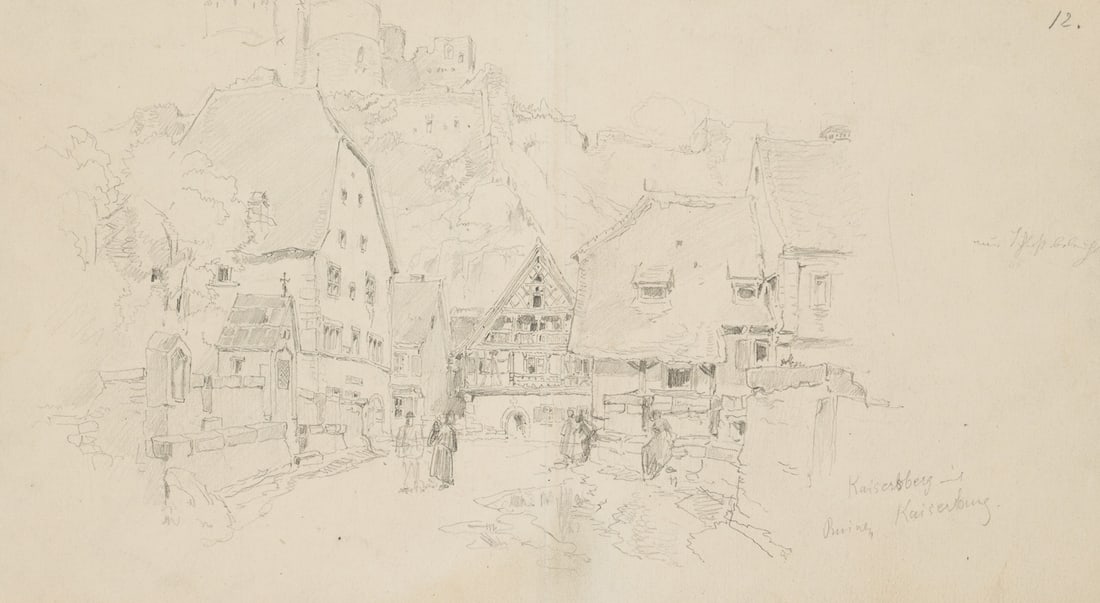 R. PÜTTNER (1842-1913), Cityscape of Kaysersberg, Pencil: Richard Püttner (1842 Wurzen - 1913 Munich): Town view of Kaysersberg in Alsace with half-timbered houses and the castle in the background, 19th century, Pencil Technique: Pencil on Paper Inscrip