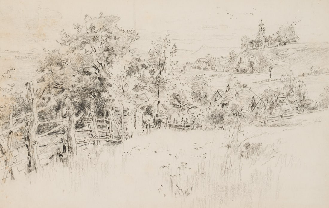 R. PÜTTNER (1842-1913), Meadow landscape on the outskirts of the village, Pencil: Richard Püttner (1842 Wurzen - 1913 Munich): Hilly meadow landscape with farms and church with onion dome in the distance, 19th century, Pencil Technique: Pencil on Paper Date: 19th century Keywo