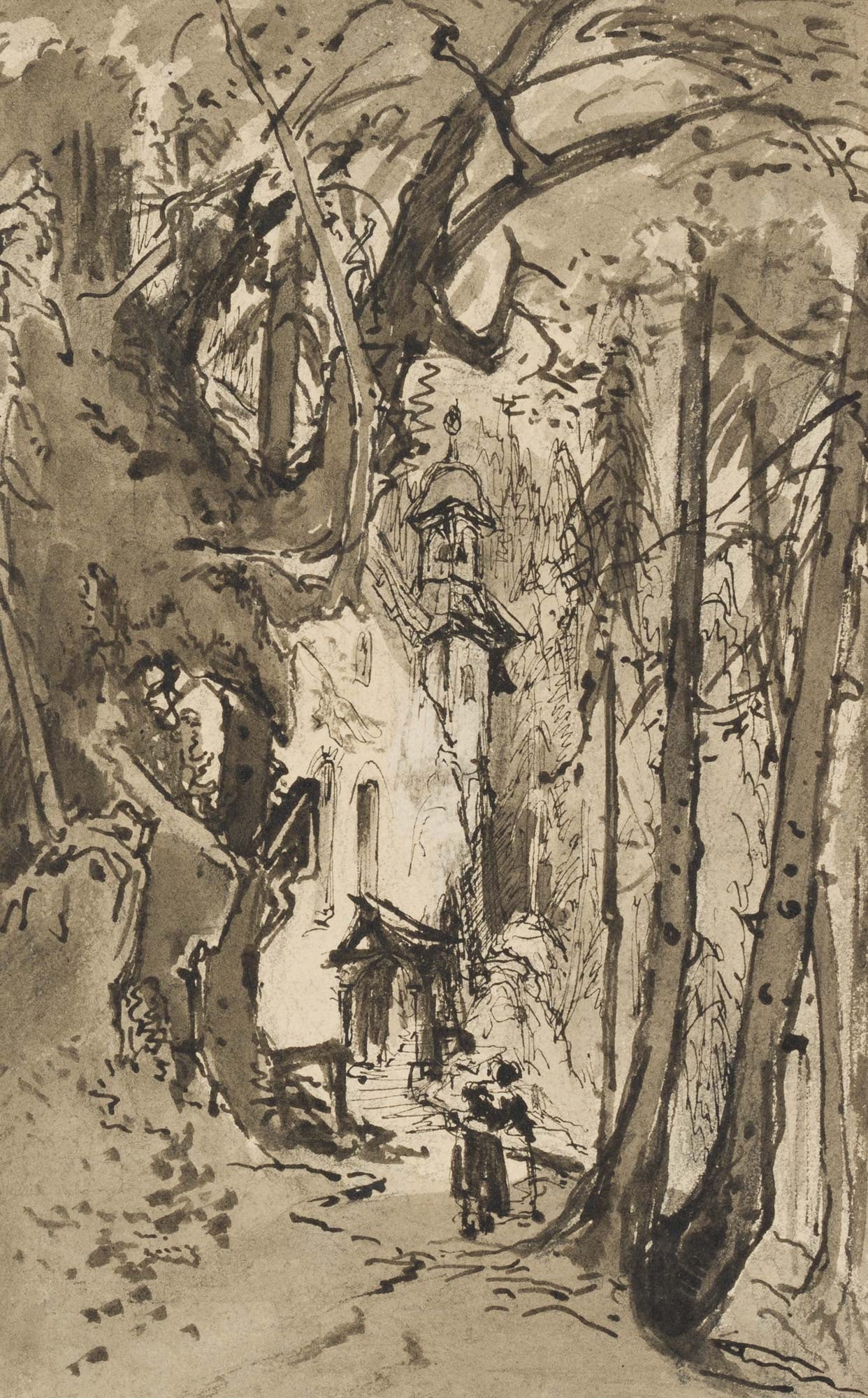 R. PÜTTNER (1842-1913), Church in the Forest, Indian ink: Richard Püttner (1842 Wurzen - 1913 Munich): Church in the forest with onion tower, water mill by the river, 19th century, Indian ink Technique: Indian ink on Paper Date: 19th century Description