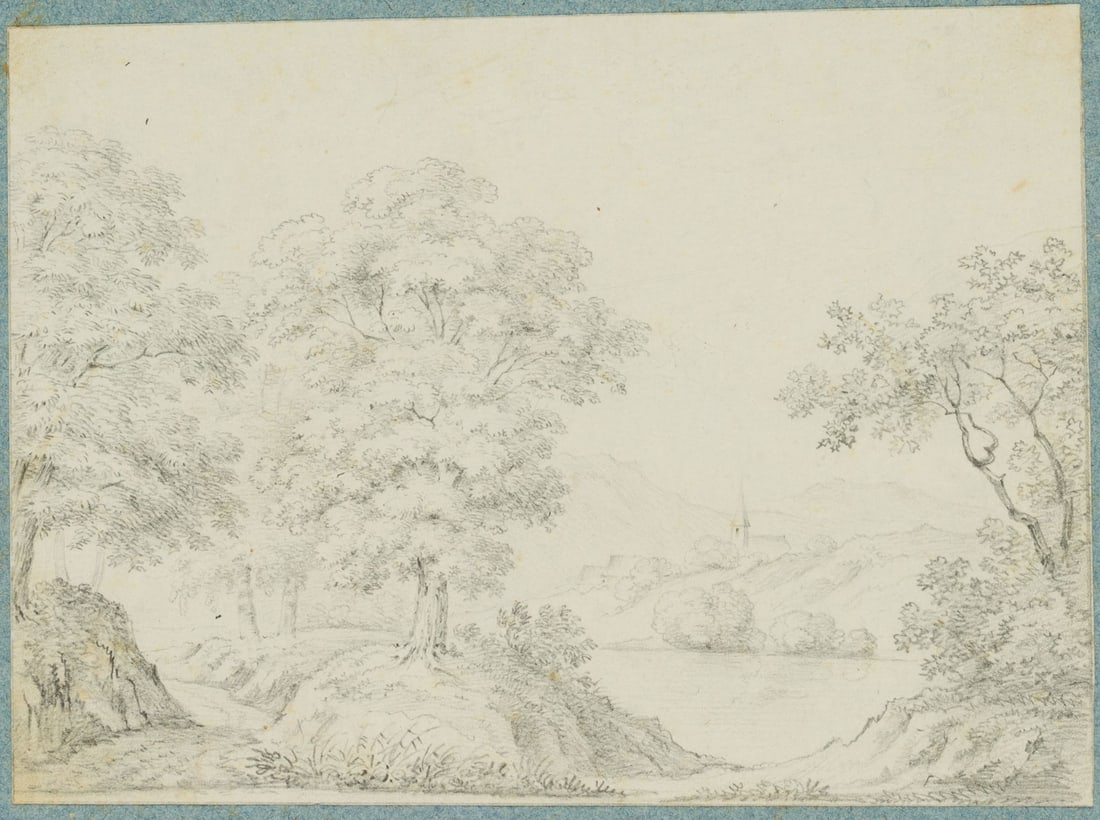 W. REHLEN (1795-1831), Wooded lakeside, Pencil: Wilhelm Rehlen (around 1795 Nördlingen - 1831 Munich): Wooded lakeside, 19th century, Pencil Technique: Pencil on Paper Date: 19th century Description: Inscribed below the depiction "fecit W. Reh
