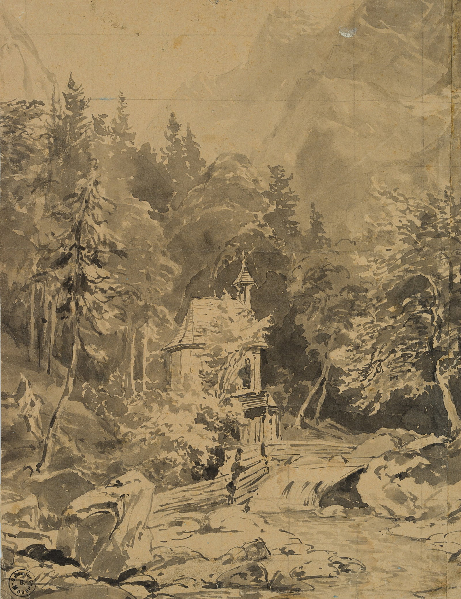 F. REINHOLD (1816-1893), Woodland and mountainous landscape with a chapel, around 1850, Indian ink: Franz Reinhold (1816 - 1893 ): Wooded area with chapel in front of steep mountain face, c. 1850, Indian ink Technique: Indian ink on Paper Stamp: – Lower left Collector's stamp, Lugt no.: 1828a. Ben