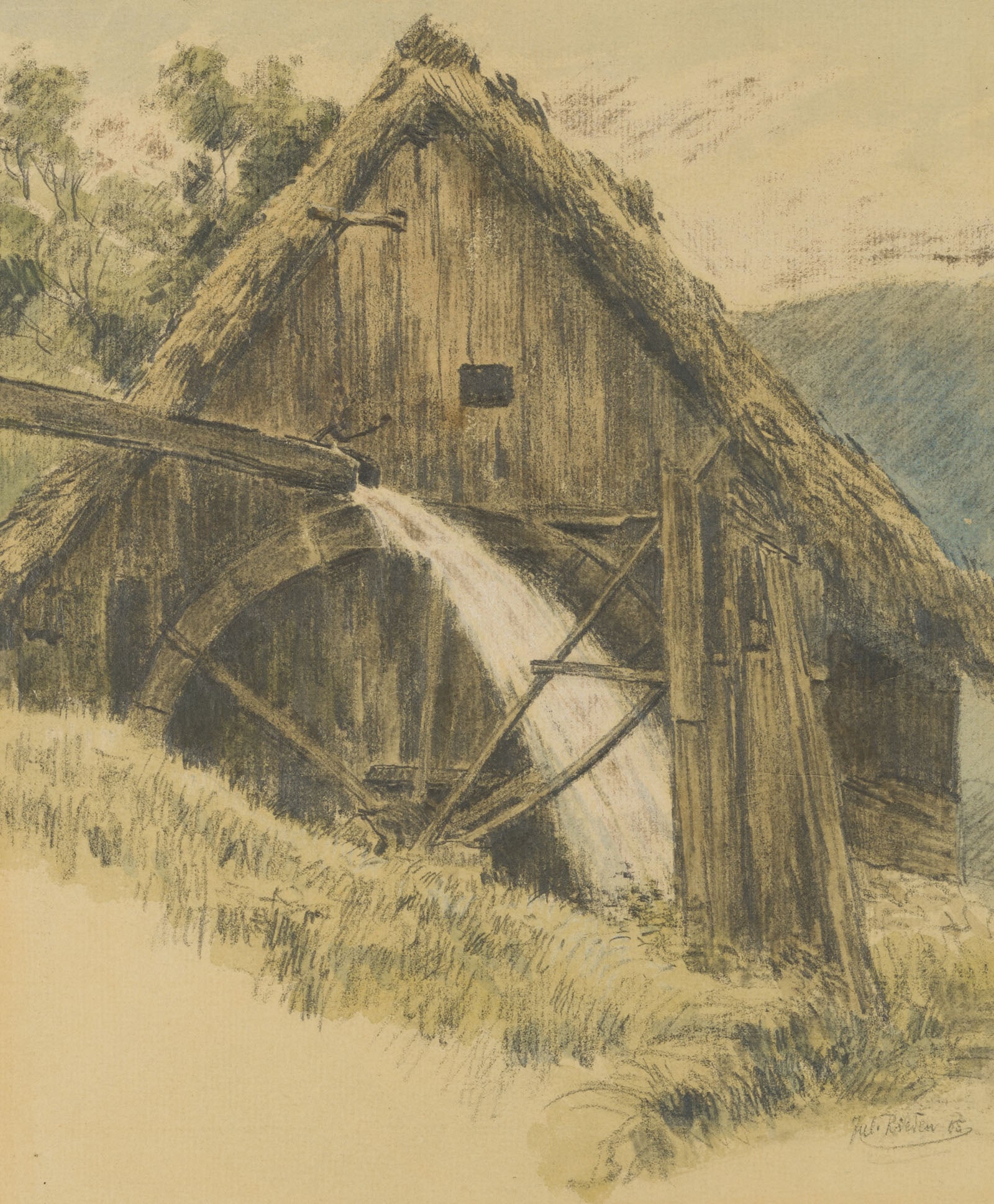 C. RIEDEN (*1802), Old mill with a waterwheel, 1858, Pencil: Carl Julius Rieden (born 1802 Schmiedeberg): Old mill with a waterwheel, 1858, Pencil Technique: Pencil and Watercolor on Paper Stamp: Collector's stamp, Georg und Dr. F. Wilhelm Denzel. Munich. 20th 