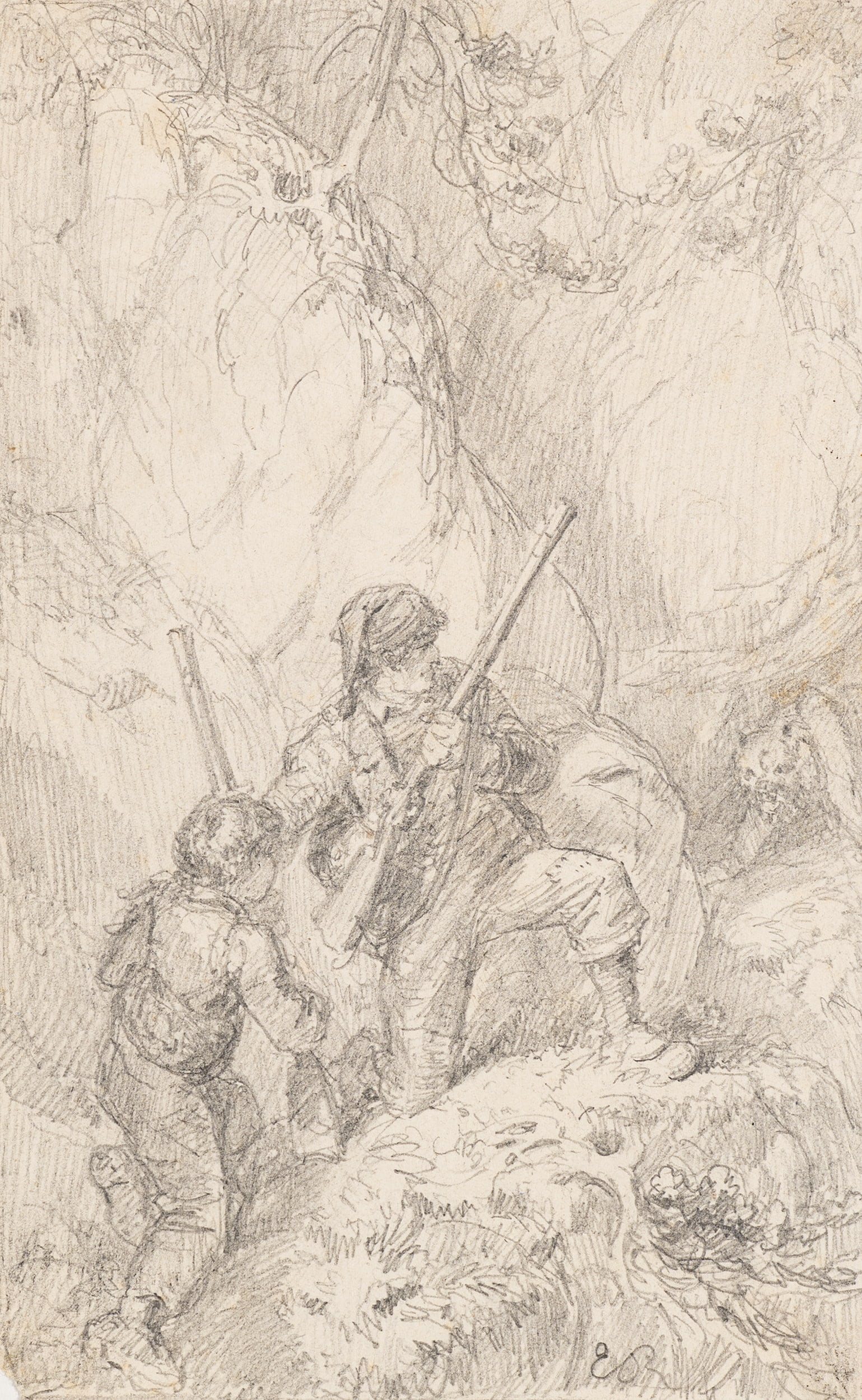 E. RITTMEYER (*1820), Hunters in the wilderness, around 1850, Pencil: Emil Rittmeyer (1820 St. Gallen - 1904 ): Hunters in the wilderness Two hunters in a rocky, wooded landscape, c. 1850, Pencil Technique: Pencil on Paper Inscription: Lower right monogrammed: "ER". Dat