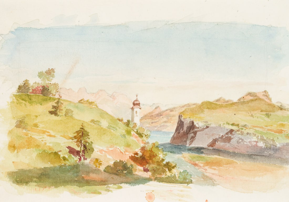 L. ROTTMANN (1812-1881) Circle, Mountain landscape with a lake and a church, Watercolor: Leopold Rottmann (1812 Heidelberg - 1881 Munich) Circle: Mountain landscape with mountain lake and church tower with onion dome, 19th century, Watercolor Technique: Watercolor on Paper Date: 19th cent