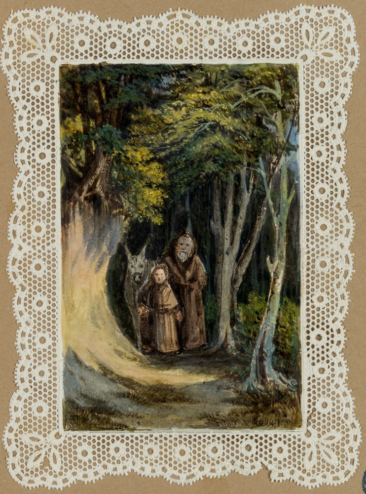 C. SCHEUREN (1810-1887), A monk and a novice in the forest, Watercolor (1 of 4)
