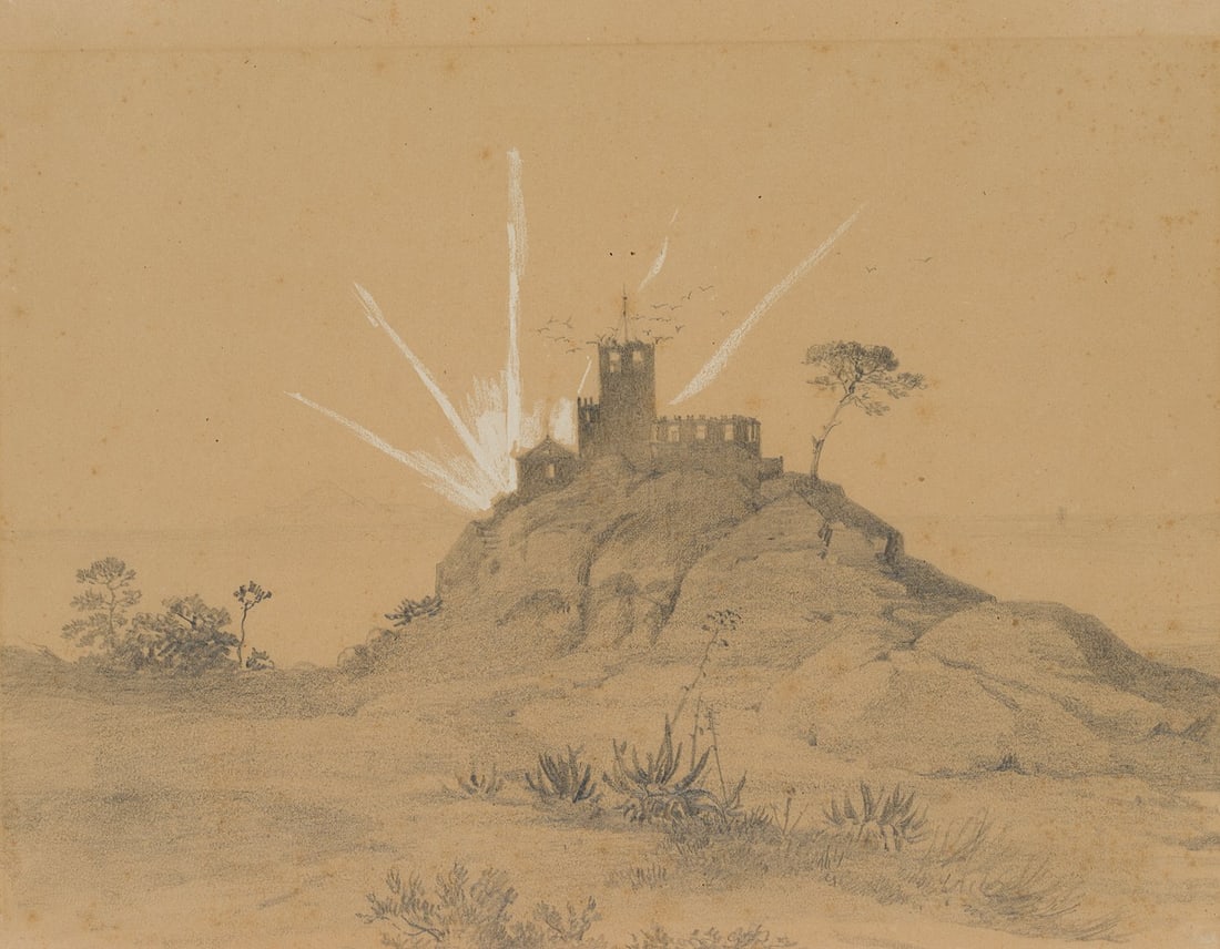 C. SCHEUREN (1810-1887) Successor, Castle ruins against the setting sun, Pencil: Caspar Johann Nepomuk Scheuren (1810 Aachen - 1887 Düsseldorf) Follower: Atmospheric landscape with castle ruins in front of the setting sun, 19th century, Pencil Technique: Pencil on Paper Date: