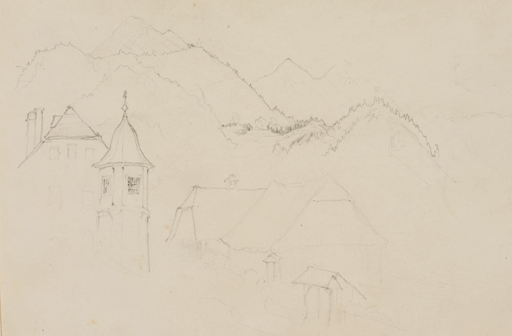 M. SCHWIND (1804-1871) Circle, A sketch of a village in the mountains, around 1840, Pencil: Moritz von Schwind (1804 Vienna - 1871 Munich) Circle: A sketch of a village in the mountains, c. 1840, Pencil Technique: Pencil on Paper Date: c. 1840 Description: The sheet comes from a sketchbook b