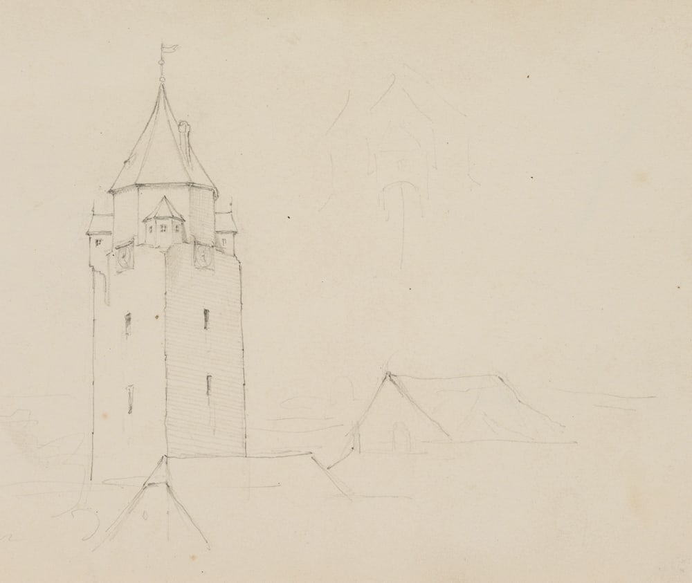 M. SCHWIND (1804-1871) Circle, Gothic watchtower and foot study, around 1840, Pencil: Moritz von Schwind (1804 Vienna - 1871 Munich) Circle: Gothic watchtower and foot study, c. 1840, Pencil Technique: Pencil on Paper Date: c. 1840 Description: Architectural exercise drawn in sharp pen