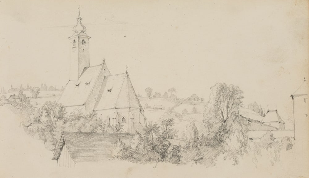 M. SCHWIND (1804-1871) Circle, Monastery church in a hilly landscape, around 1840, Pencil: Moritz von Schwind (1804 Vienna - 1871 Munich) Circle: Monastery church in a hilly landscape, c. 1840, Pencil Technique: Pencil on Paper Inscription: Unrecognisably inscribed by the artist lower left.