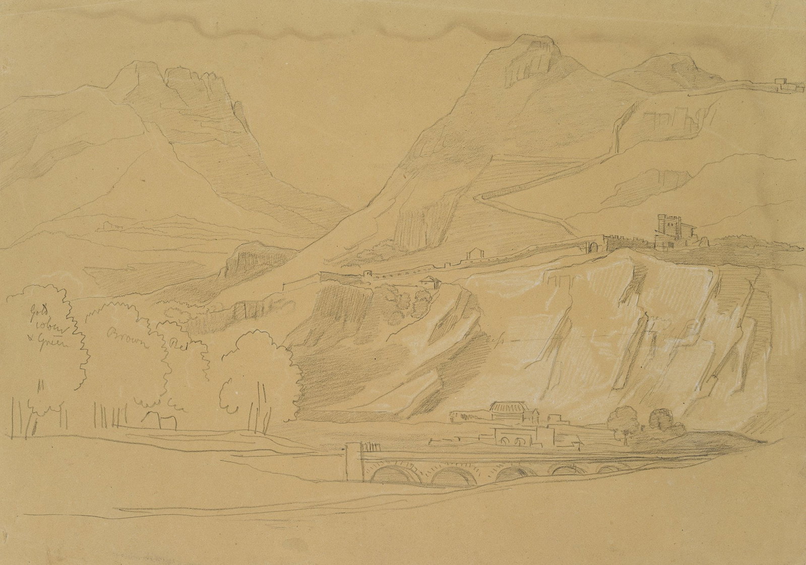 G. WALLIS (1761-1847), Fortress complex at the foot of the mountains, around 1816, Pencil: George Augustus Wallis (1761 Merton (London) - 1847 Florence): Fortress on a rock in front of the mountains, c. 1816, Pencil Technique: White heightened Pencil on Paper Catalogue Raisonné: , Z 28