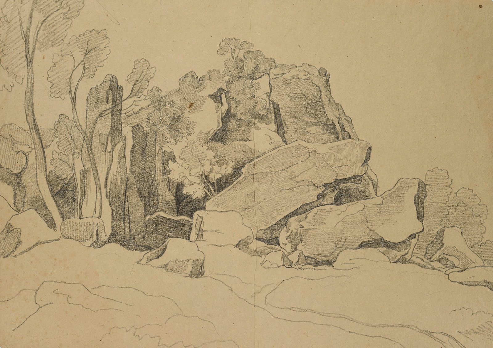 G. WALLIS (1761-1847), Rugged rock formation, 1800, Pencil: George Augustus Wallis (1761 Merton (London) - 1847 Florence): Rugged rock formation, 1800, Pencil Technique: Pencil on Paper Catalogue Raisonné: , Z 180 Watermark: Letters/Digits: Bracciano (in 