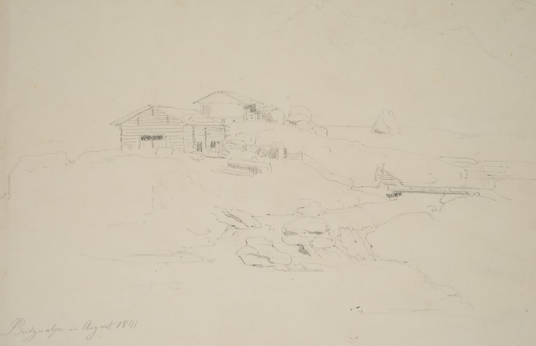 T. WEBER (1813-1875), Butzeralpe in August, 1841, Pencil: Therese Weber (1813 Nymphenburg - 1875 Munich): Butzeralpe in August, farmstead by the river, 1841, Pencil Technique: Pencil on Paper (brown) Inscription: lower left dated: "Butzeralpe im August 1841.