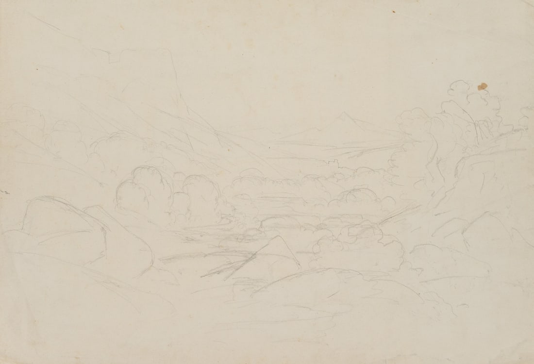 T. WEBER (1813-1875), Mountain range with a valley cutting through it, Pencil: Therese Weber (1813 Nymphenburg - 1875 Munich): Sketchy landscape, mountains with valley incision, 19th century, Pencil Technique: Pencil on Paper Date: 19th century Description: Probably created whil