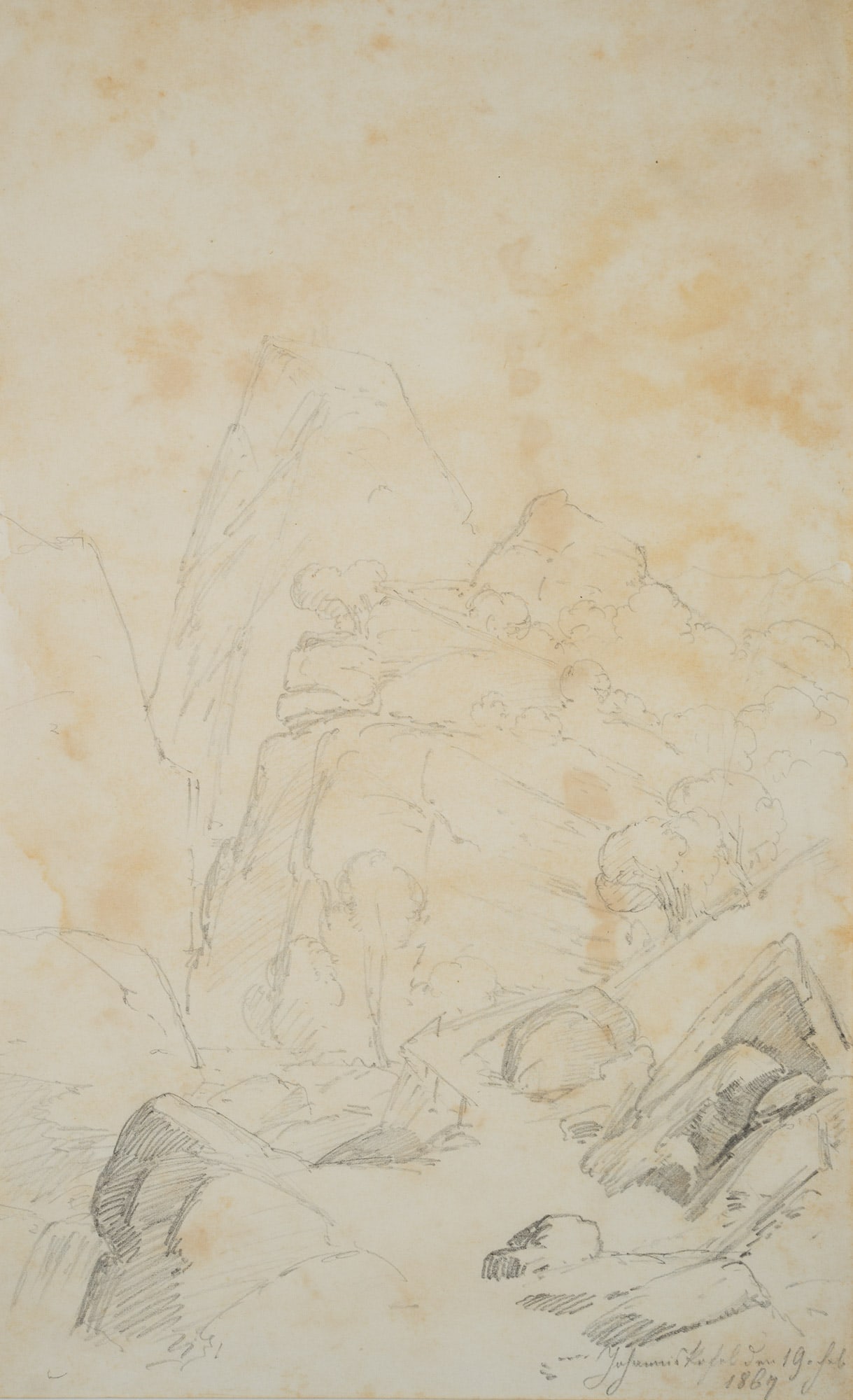 T. WEBER (1813-1875), Johanniskofel, South Tyrol, 1867, Pencil: Therese Weber (1813 Nymphenburg - 1875 Munich): "Johanneskofel", Johanniskofel, South Tyrol, 1867, Pencil Technique: Pencil on Paper (brown) Inscription: Lower right dated: "Johanniskofel 19. febr. 18