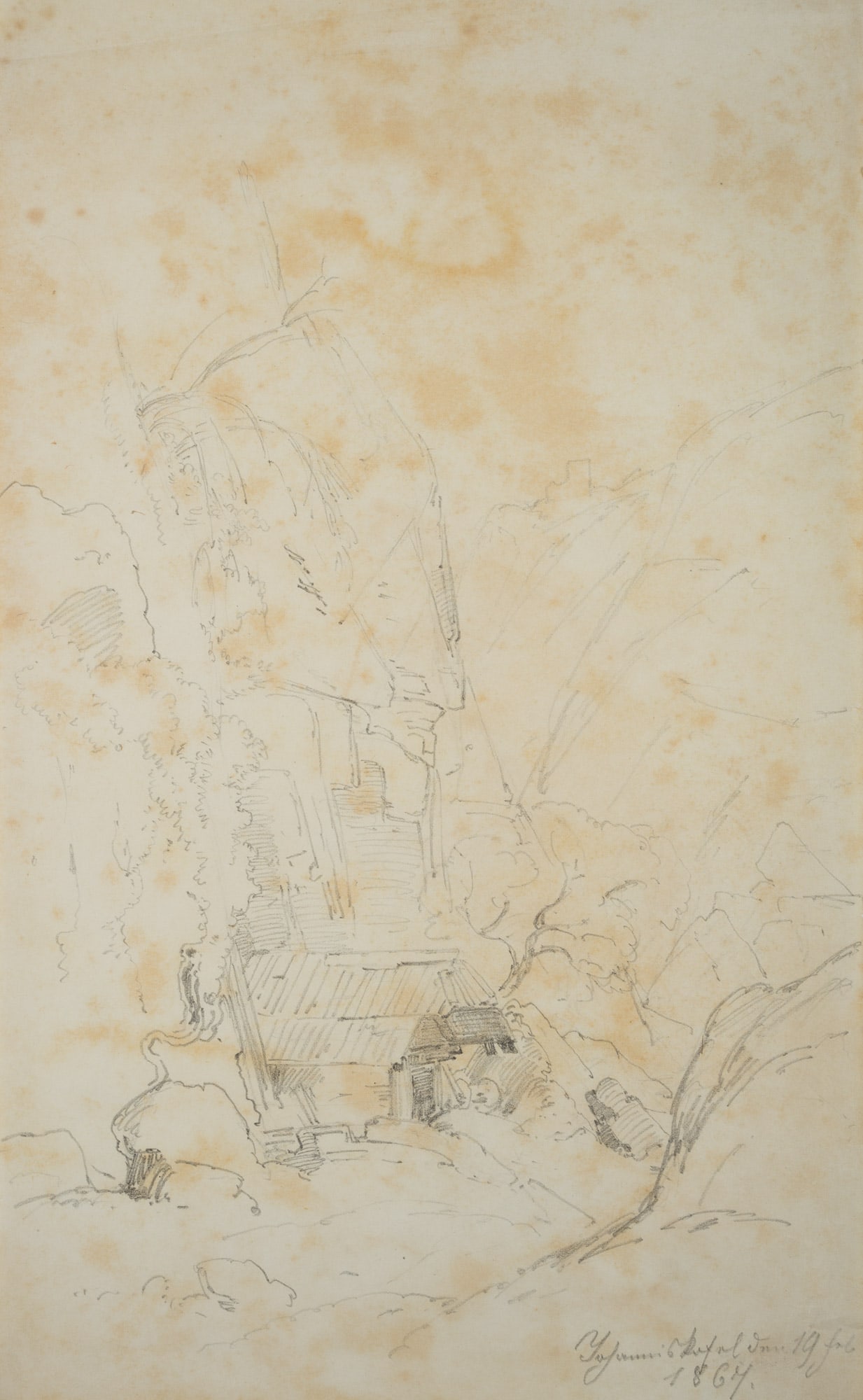T. WEBER (1813-1875), Johanneskofel, mountain hut, South Tyrol, 1867, Pencil: Therese Weber (1813 Nymphenburg - 1875 Munich): Johanneskofel, mountain hut, South Tyrol, 1867, Pencil Technique: Pencil on Paper (brown) Inscription: Lower right dated: "Johanniskofel 19. febr. 1867.