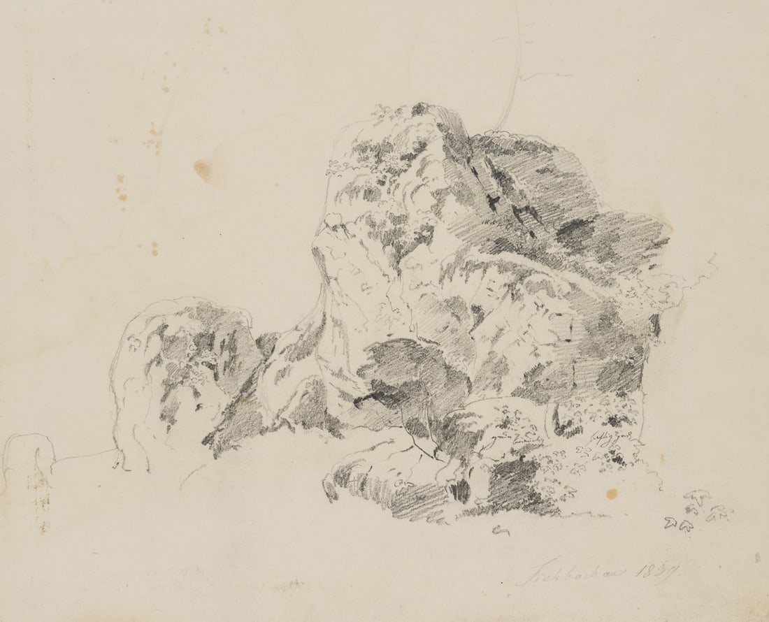 T. WEBER (1813-1875), Rocks near Fischbachau, Upper Bavaria, 1859, Pencil: Therese Weber (1813 Nymphenburg - 1875 Munich): Nature study, rocks near Fischbachau, Upper Bavaria, 1859, Pencil Technique: Pencil on Paper Inscription: Dated lower right: "Fichbachau 1859". Date: 18