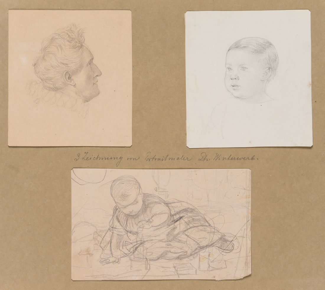 P. WINTERWERB (*1827), Portrait studies, children and a gentleman, Pencil: Philipp Winterwerb (1827 Braubach - 1873 Frankfurt on the Main): 3 portrait studies, children and gentleman in costume, 19th century, Pencil Technique: Pencil on Paper, mounted on Paper Date: 19th cen