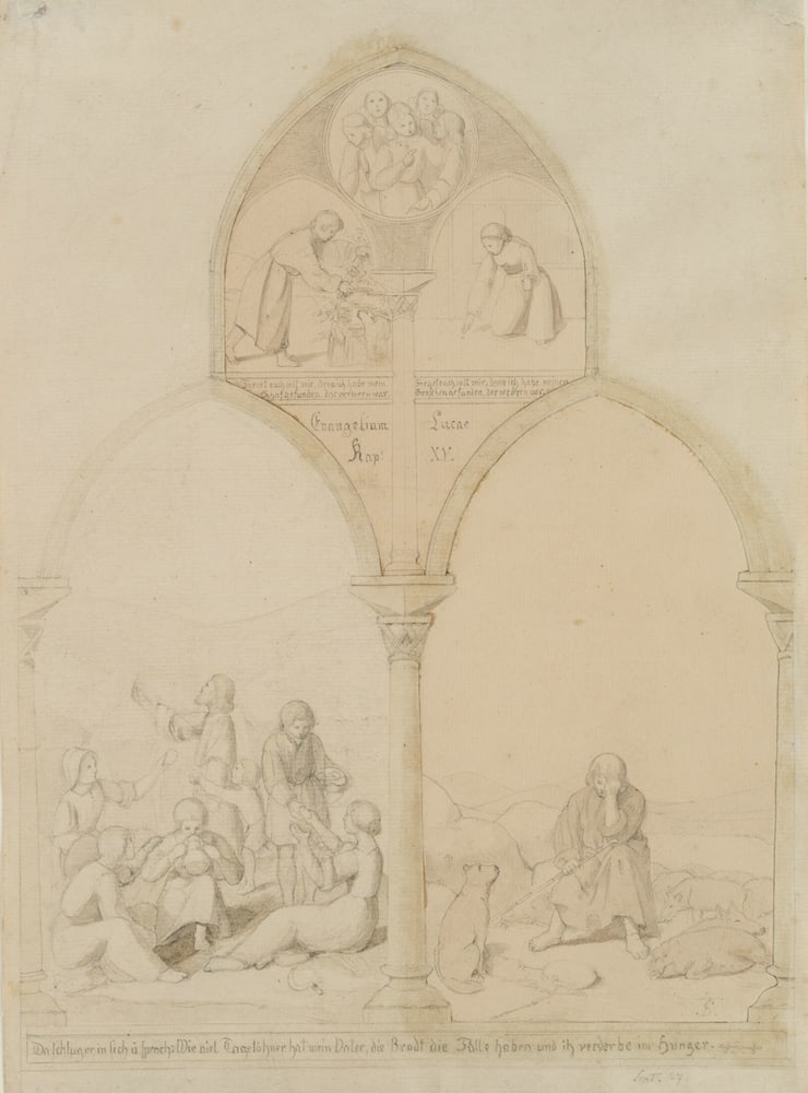 Monogram TS (19th), The Prodigal Son, 1837, Pencil: Monogrammist TS (19th century): German Nazarene, The Prodigal Son Feels Remorse, sketch, 1837, Pencil Technique: Washed Pencil on Paper Inscription: At the lower part monogrammed: "TS". At the lower p