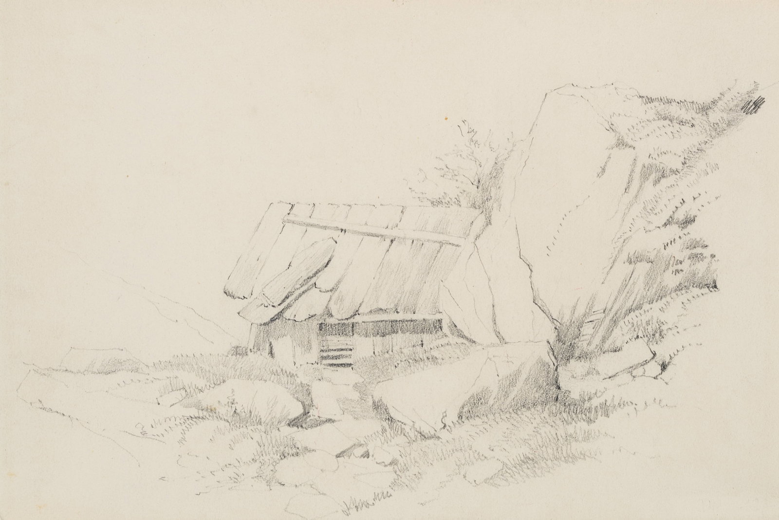 Unknown (19th), A hut by the cliff. A small wooden shed. Mountainous countryside, Pencil: Unknown (19th century): Hut on the rock Small wooden hut Bergland, 19th century, Pencil Technique: Pencil on Paper Date: 19th century Keywords: Rock formation; wooden slats; barn, 19th century, Realis