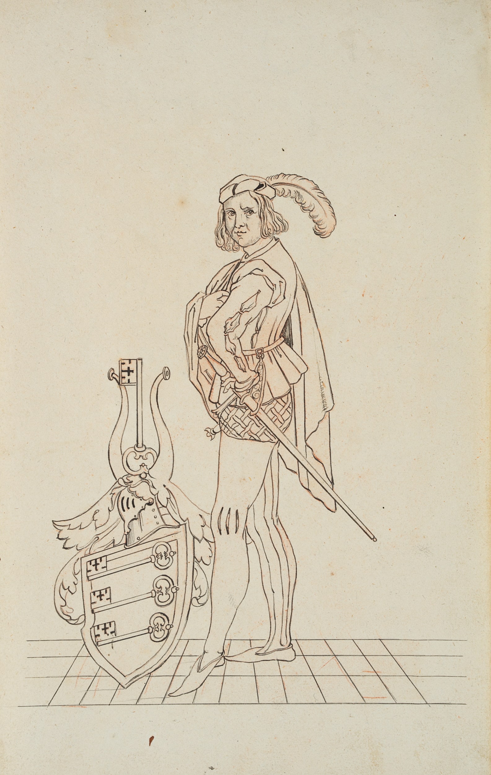 Unknown (19th), A knight standing sideways, holding a shield bearing three keys, Pen drawing: Unknown (19th century): Knight standing sideways with shield with three keys as motif, helmet and key, 19th century, Pen drawing Technique: Pen drawing and Colored pencil on Paper Date: 19th century V
