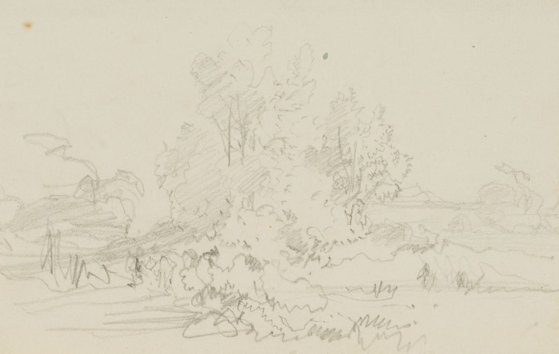 Unknown (19th), Landscape with trees, Pencil: Unknown (19th century): Bavarian (19th century), landscape with trees, 19th century, Pencil Technique: Pencil on Paper Date: 19th century Description: Spontaneous, loose landscape sketch. Keywords: 19