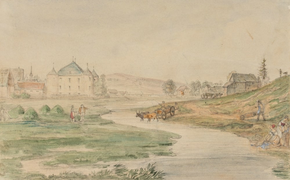 Unknown (19th), A ford on the river near a moated castle in northern Germany, around 1880, Watercolo: Unknown (19th century): A ford on the river near a moated castle in northern Germany, c. 1880, Watercolor Technique: Watercolor over Pencil on Paper Date: c. 1880 Description: Veduta by an anonymous a