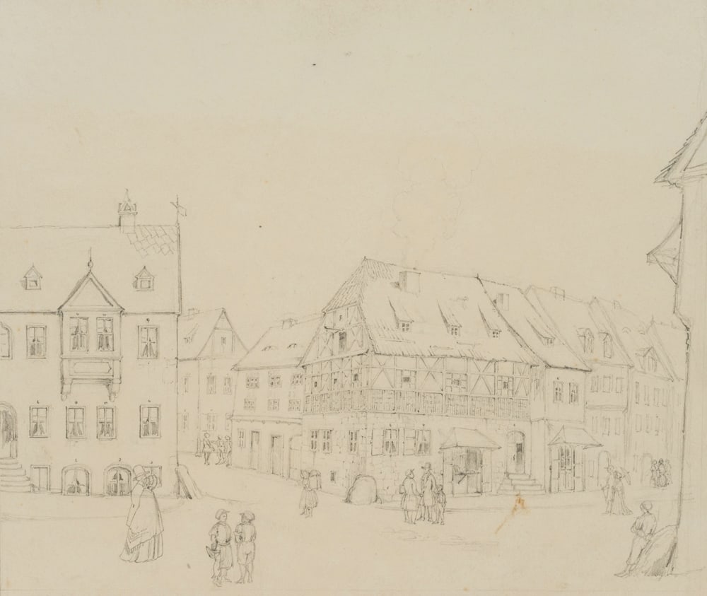 Unknown (19th), A small town in Brandenburg, around 1854, Pencil: Unknown (19th century): Promenade of a small town in Brandenburg, c. 1854, Pencil Technique: Pencil on Paper Date: c. 1854 Description: The depiction shows the main street of a town with medieval and 