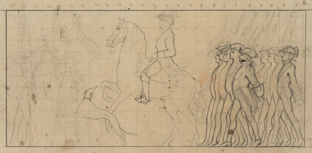 Unknown (19th), Sketch, General on Horseback, Pencil: Unknown (19th century): Design for a relief, General on horseback with dog and army, 19th century, Pencil Technique: Pencil on Paper Date: 19th century Description: Unrecognisable inscription in the m