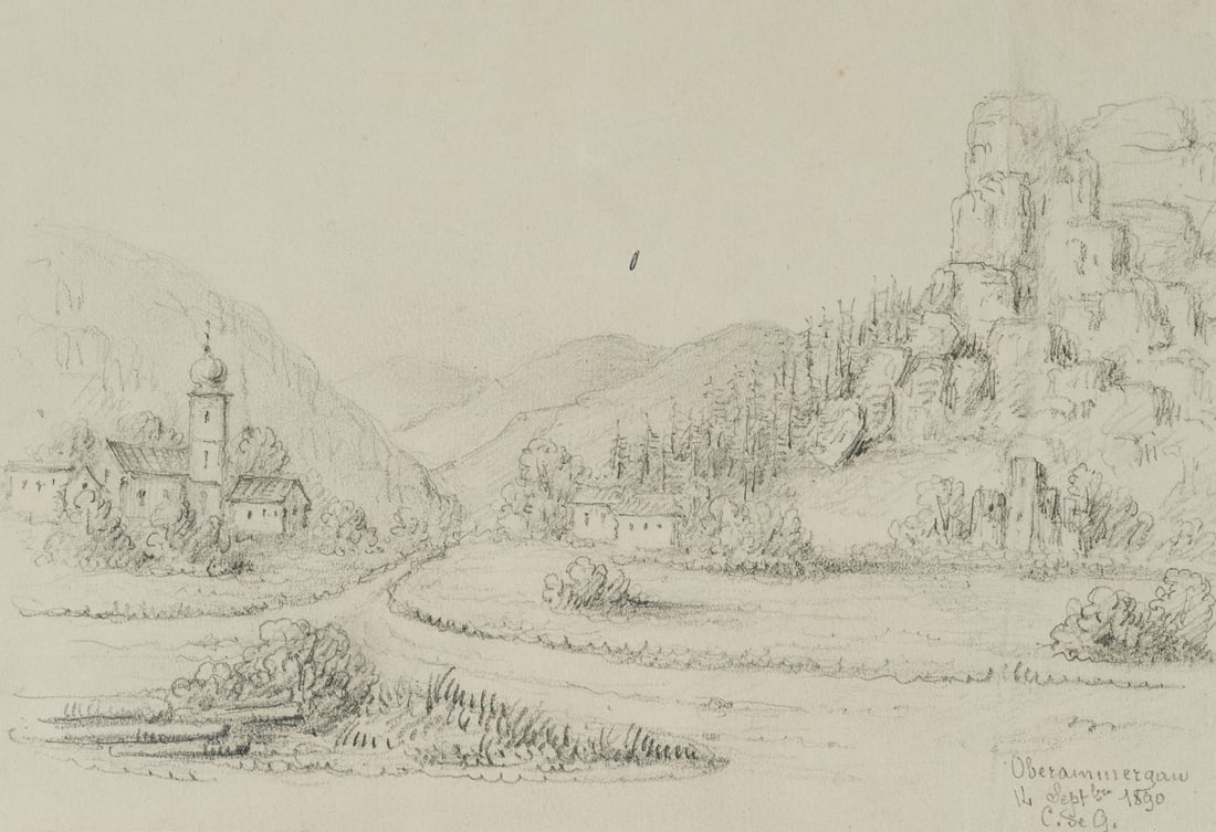 Unknown (19th), Church in Oberammergau, Bavaria, 1890, Pencil: Unknown (19th century): Church in Oberammergau, Bavaria, 1890, Pencil Technique: Pencil on Paper Inscription: Signed "C.Se G." and dated "Oberammergau 14 September 1890" at the bottom right of the dra