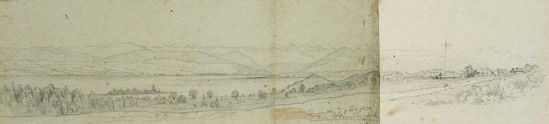 Unknown (19th), Vast landscape with a river, 1850, Pencil: Unknown (19th century): Wide landscape with large river, Am Horenberg, 1850, Pencil Technique: Pencil on Laid paper Inscription: Inscribed and dated at the bottom of the image: Donnerstag d. 4. Juli 1