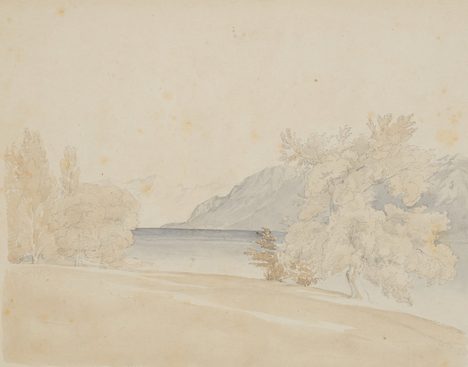 Unknown (19th), View of Lake Geneva near Lausanne, 1856, Watercolor: Unknown (19th century): View of the picturesque Lake Geneva near Lausanne, 1856, Watercolor Technique: Watercolor on Paper Inscription: Lower right dated: "den 13. Oct 56". Date: 1856 Description: Idy