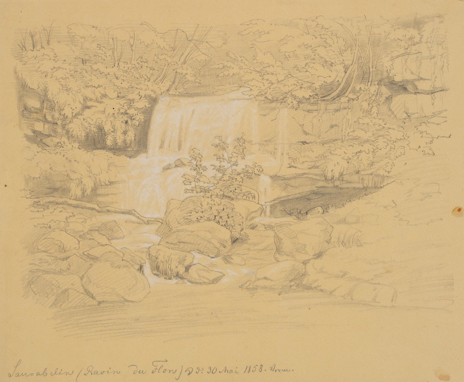 Unknown (19th), Gorge with a stream, 1858, Pencil: Unknown (19th century): Gorge with stream and rocks, 1858, Pencil Technique: White heightened Pencil on Paper (brown) Inscription: lower left inscribed: "Lannabelin / Ravin de Flore ... [?]". Lower mi