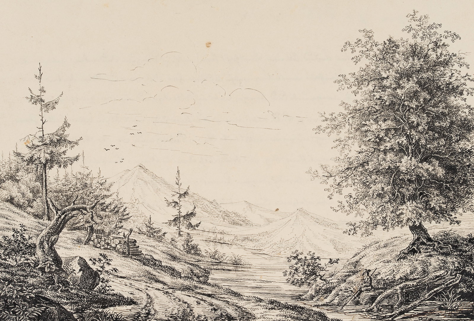 Unknown (19th), Landscape study, friendship album, 1834, Pen drawing (1 of 5)