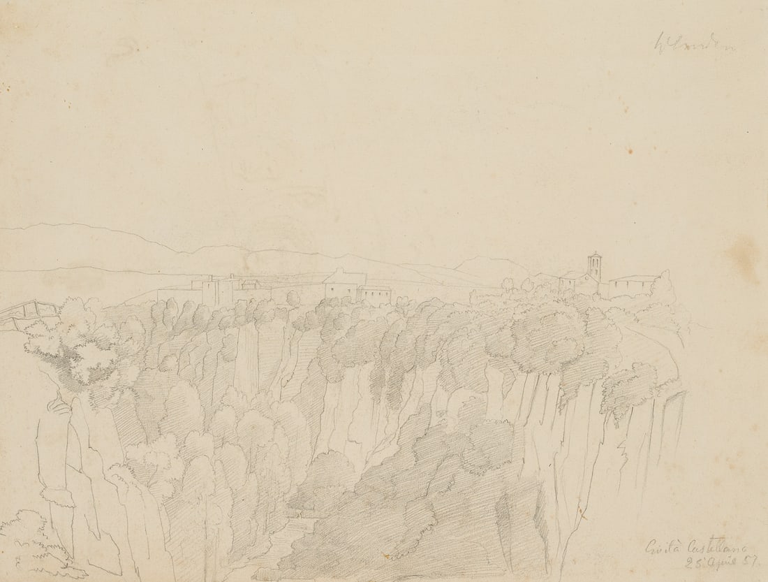 Unknown (19th), Civita Castellana, 1857, Pencil: Unknown (19th century): View of Civita Castellana on the rocky plateau above the Rio Maggiore, 1857, Pencil Technique: Pencil on Paper Inscription: Lower right inscribed by the artist's hand: "Civit&#