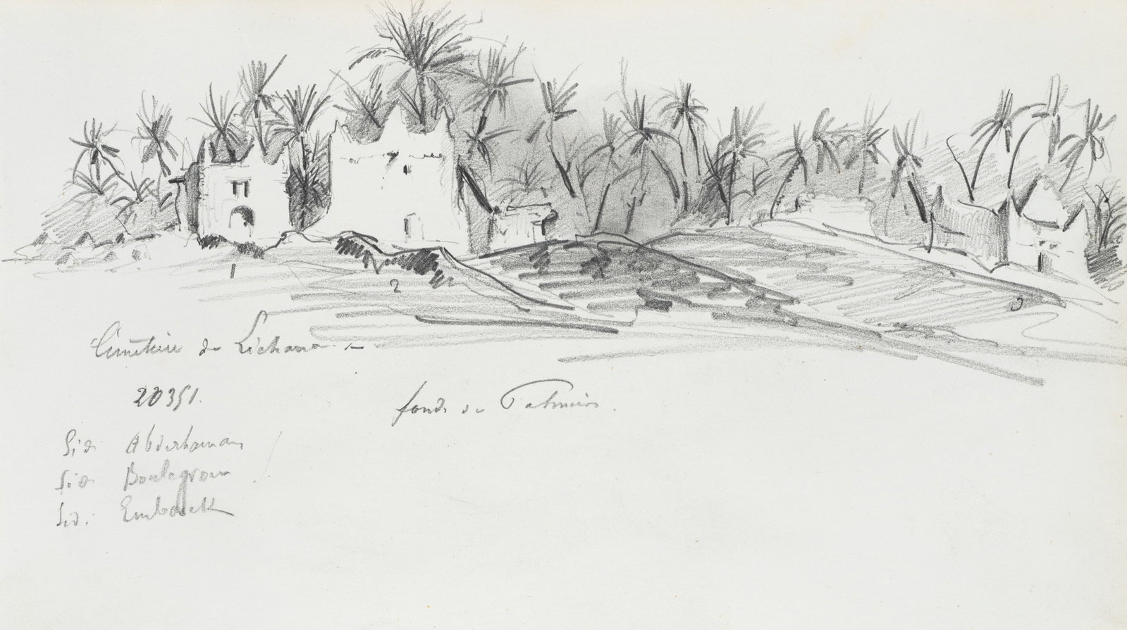 Unknown (19th), Houses in Lichana, Biskra, Algeria, 1851, Pencil: Unknown (19th century): View of palm grove with scattered houses in Lichana, Biskra, Algeria, 1851, Pencil Technique: Pencil on Paper Inscription: Middle left inscribed by the artist's hand: "... Lich
