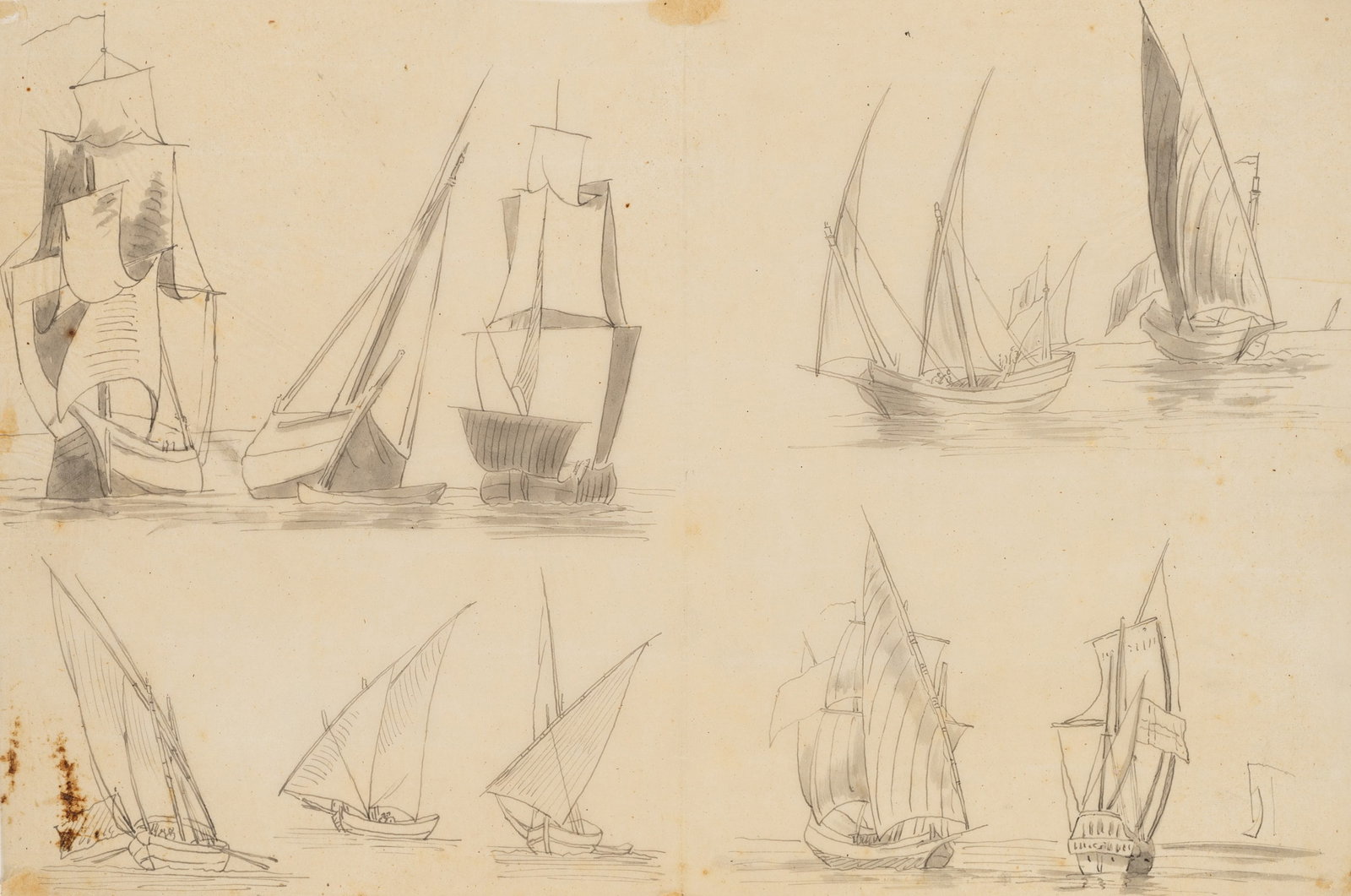 Unknown (19th), Mediterranean sailing boats, types of sailing vessels, Pen drawing (1 of 6)