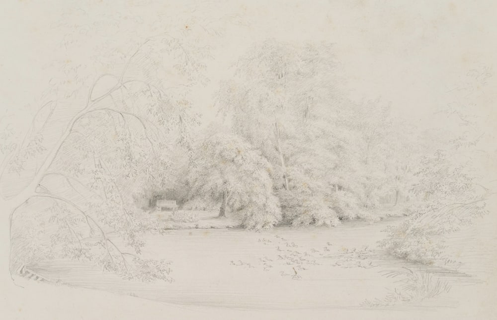 Unknown (19th), Potsdam Landscape Park, around 1830, Pencil: Unknown (19th century): Potsdam Landscape Park, at the pond with ducks, c. 1830, Pencil Technique: Pencil on Paper Date: c. 1830 Description: The depiction shows an idyllic landscape garden with a lar