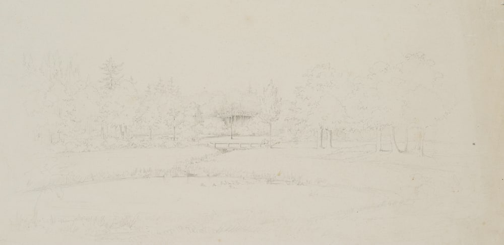 Unknown (19th), Potsdam Park, Duck Pond, around 1830, Pencil: Unknown (19th century): Potsdam Landscape Park, duck pond with bridge, c. 1830, Pencil Technique: Pencil on Paper Date: c. 1830 Description: The depiction shows an idyllic landscape garden with a larg
