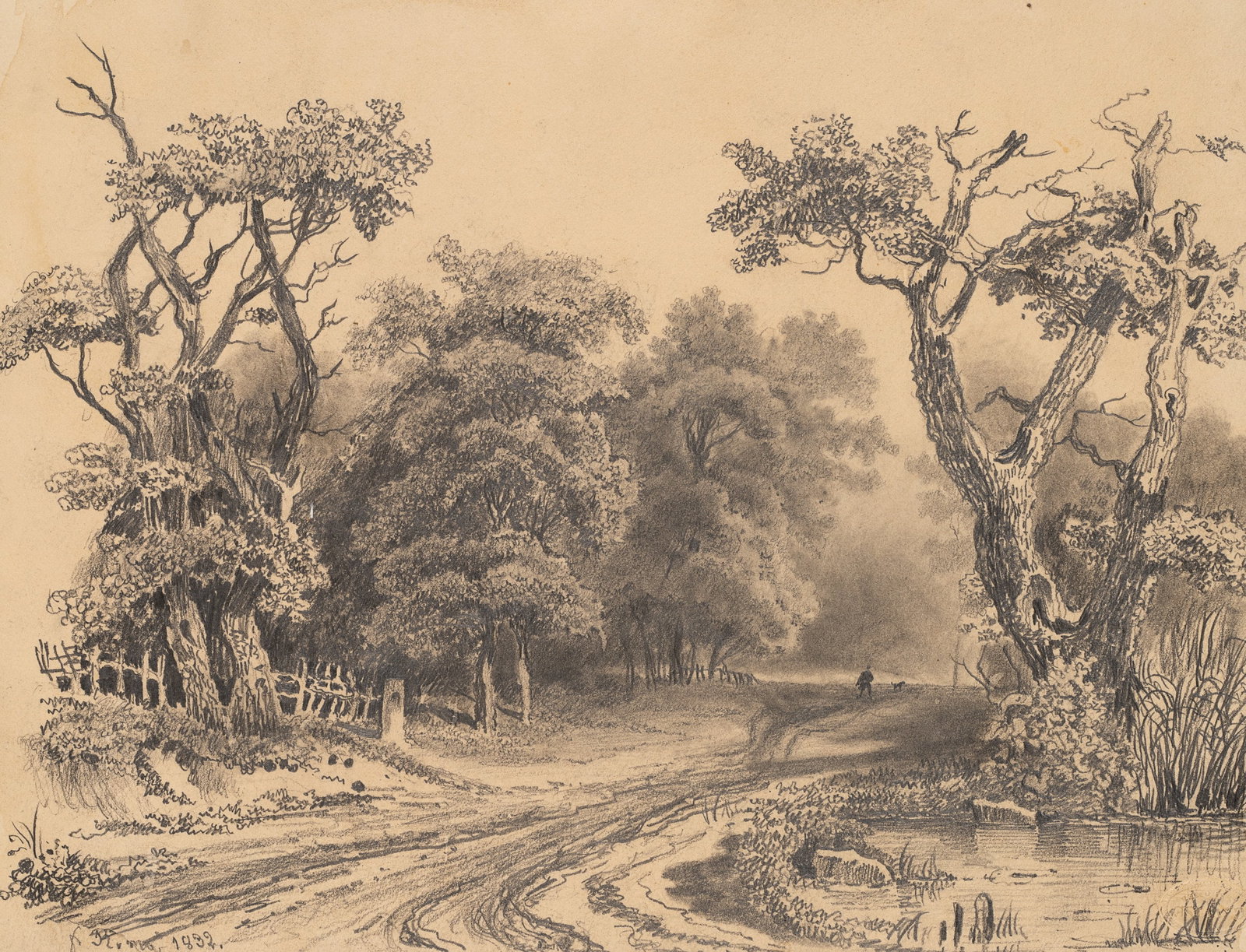 Unknown (19th), A road lined with trees near Saint-Omer, 1832, Pencil: Unknown (19th century): Driveway with trees near Saint-Omer in northern France, 1832, Pencil Technique: Pencil on Paper, mounted on Paper (brown) Stamp: Lower right Blind stamp, C.WISE. St Omer Inscri