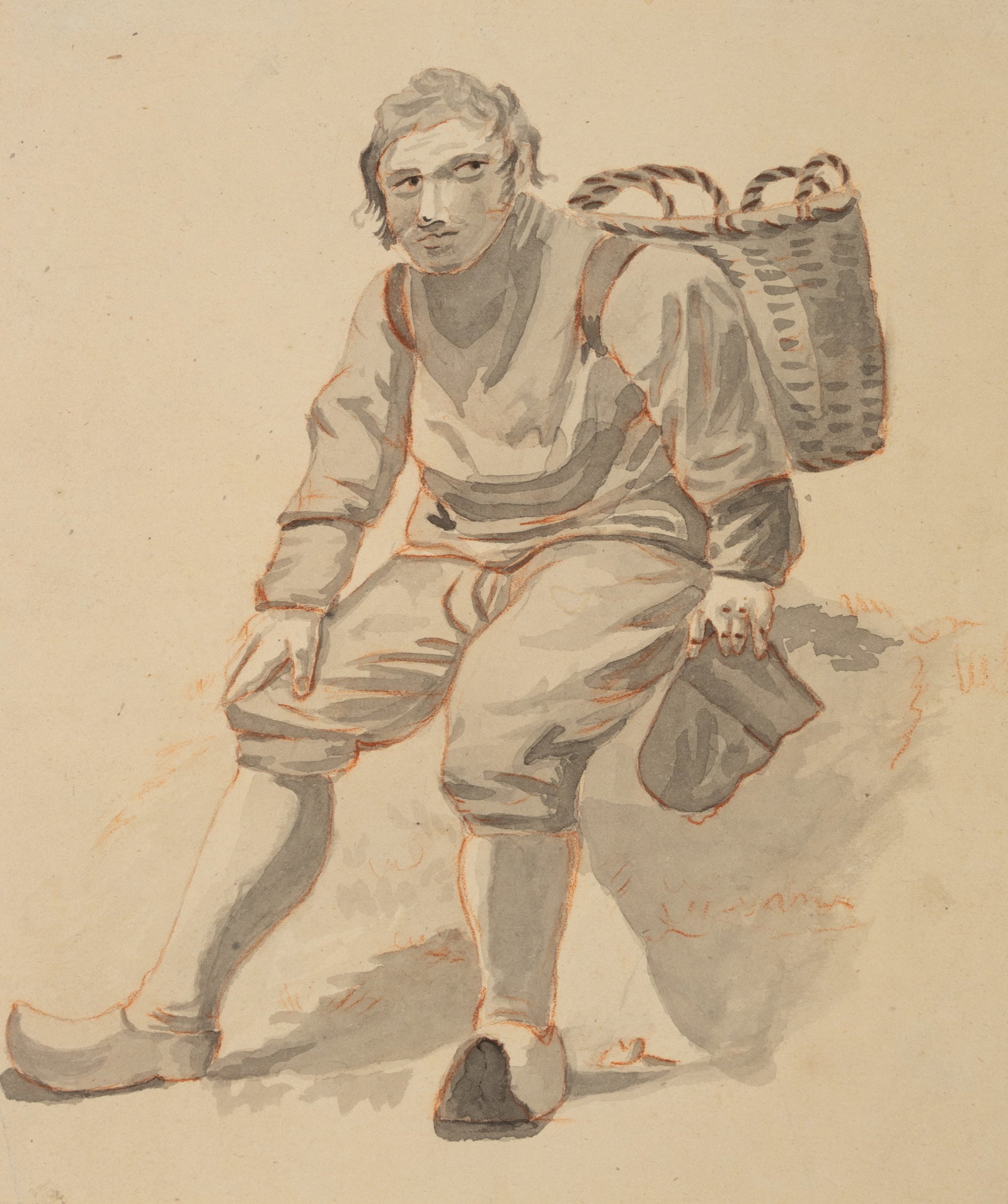 Unknown (19th), Seated man with a basket, around 1820, Brush drawing (1 of 5)